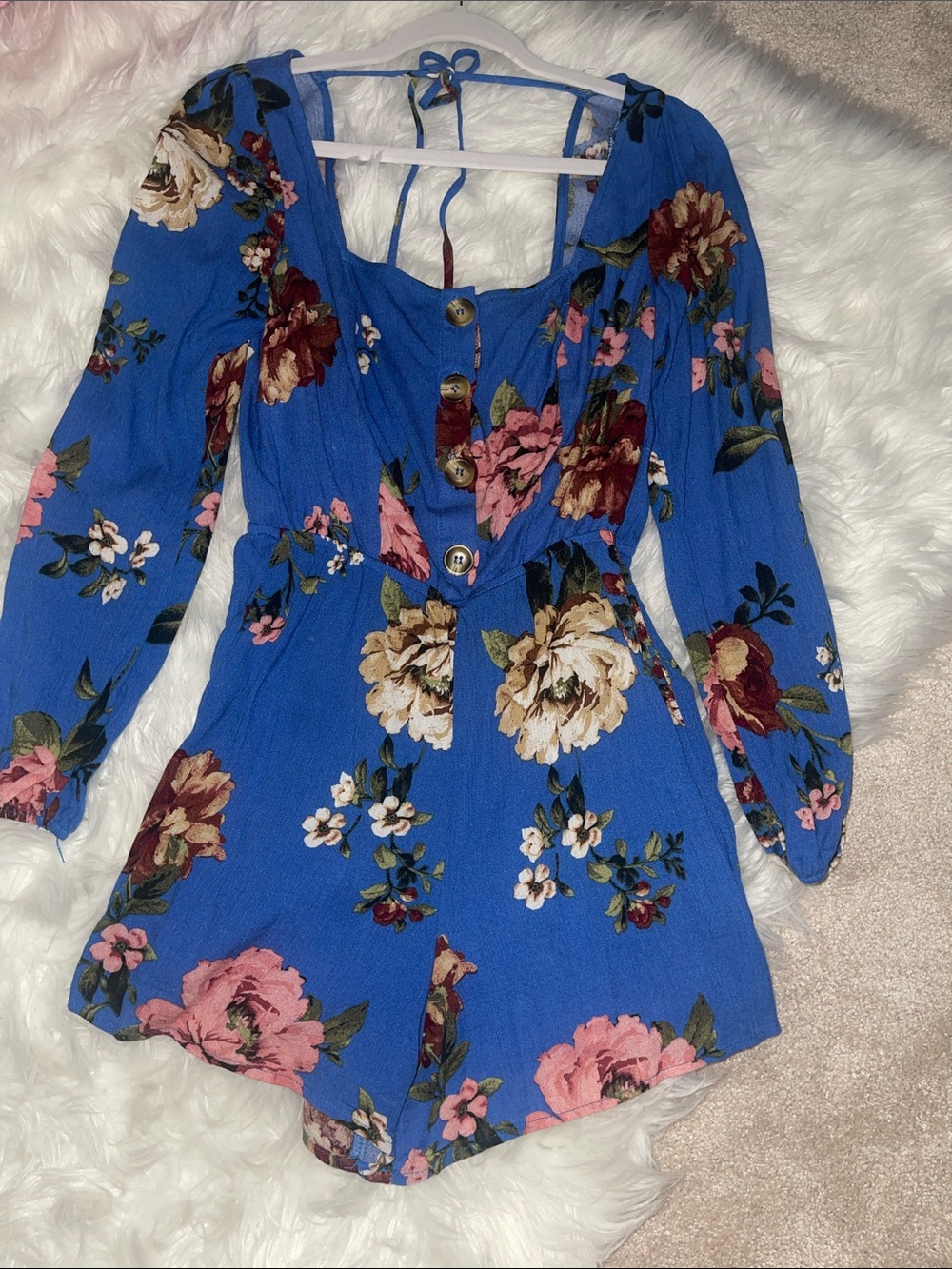 JustFab Royal Blue Floral Long-Sleeve Romper